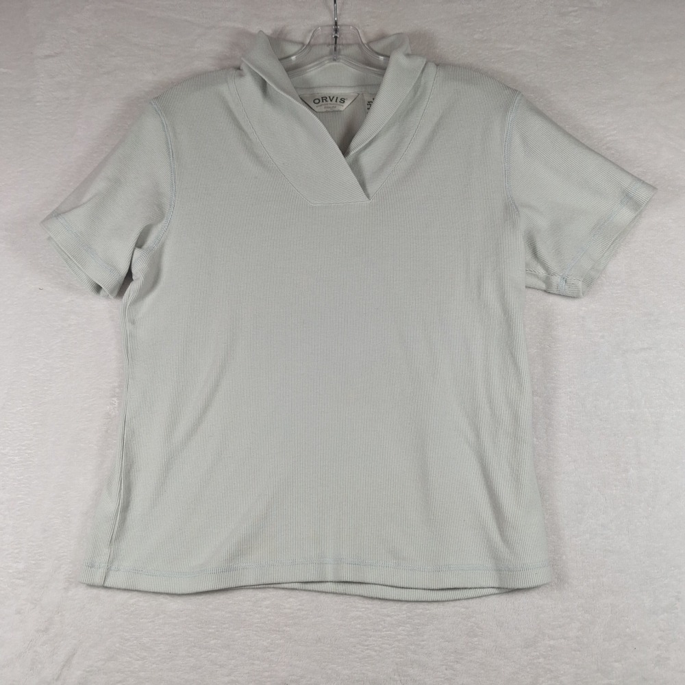 Orvis Womens Ribbed Short Sleeve Top Mint Green Shawl Neck Size Medium Golf
